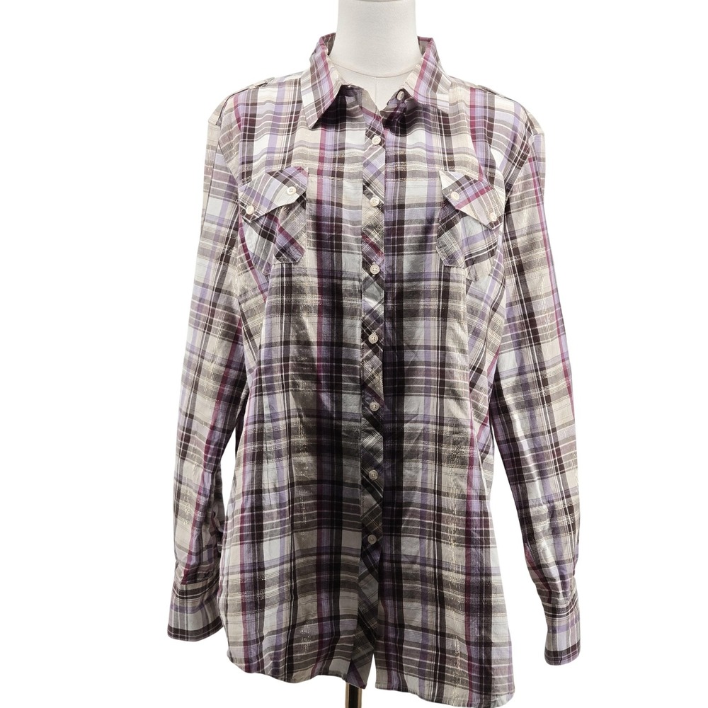 Ariat Button-Up Womens XXL Purple Plaid Fitted Embroidered Glitter Collared